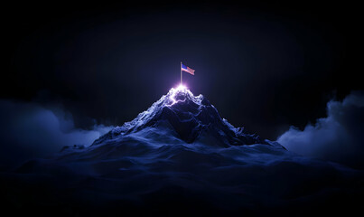Fototapeta premium Majestic Mountain Peak with Flag Illuminated by Dramatic Lighting