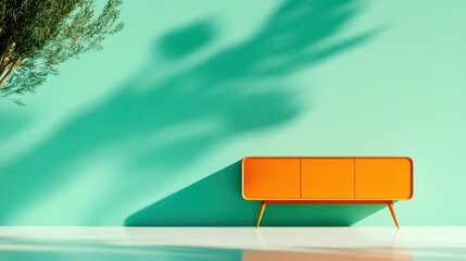 An orange sideboard under a clear blue sky, with shadows creating artistic patterns, bringing a delightful touch of color and warmth to the space.