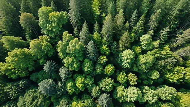 Aerial perspective of a dense forest canopy with varied tree types