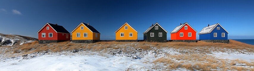 Six Colorful Houses Standing On A Snowy Field Under A Blue Sky