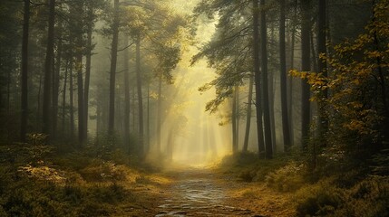 Obraz premium Enchanting golden hour illuminating mystical forest path through trees