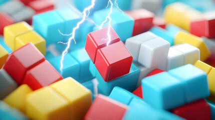 Obraz premium Colorful Building Blocks with Electric Sparks in a Playful Scene