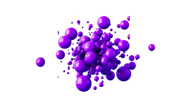 Purple spheres cluster on black background, dynamic composition, cut out transparent
