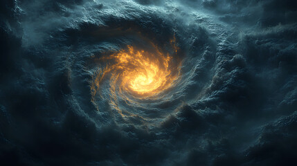 Swirling cosmic vortex illuminated by fiery core amidst dark stormy clouds in space