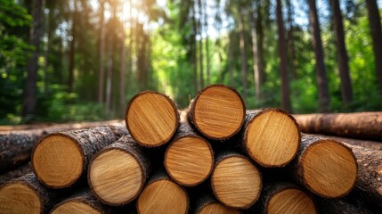 An enchanting view of a stacked log arrangement under dappled sunlight, highlighting the beauty of wood in its natural environment within a serene forest.