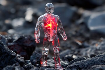 Transparent glass anatomical model with glowing red core standing on volcanic rocks, symbolizing resilience and inner strength