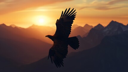 Obraz premium Eagle Soaring Over Majestic Mountains at Sunrise
