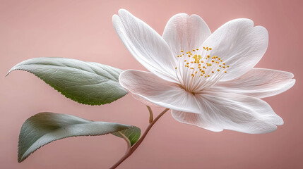 Fototapeta premium A white flower with a green leaf is shown in a close up. The flower is surrounded by a pink background, which gives the image a soft and delicate feel