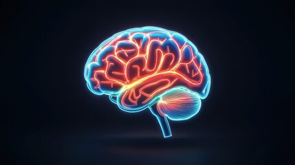 Obraz premium A Stunningly Stylized Glowing Digital Brain Rendered in Profile View, Illuminated in Vibrant Blue and Orange Against a Dark Background for Visualization