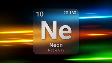 Neon (Ne) (010) Noble Gas, Glass Morphism Element Futuristic Neon Light Glow Background Periodic Table, Chemical Symbol, Name, Atomic Mass, Atomic Number, Vector Illustration