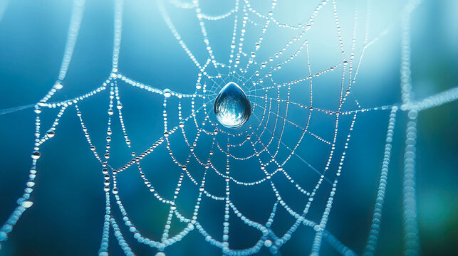 A spider web with a clear ball of water in the center. The water droplets are scattered throughout the web, creating a sense of movement and fluidity. The spider web itself is intricate and delicate - Powered by Adobe