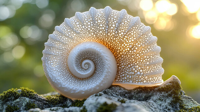 A shell with a spiral shape is on a rock. The shell is white and has a lot of detail. The rock is green and has moss growing on it. The image has a peaceful and calming mood