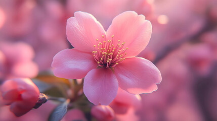 A close up of a pink flower with dew drops on it. The flower is the main focus of the image, and the dew adds a sense of freshness and beauty to the scene