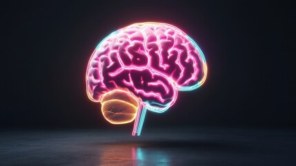 Vibrant Neon Pink and Teal Outline of a Human Brain Glowing Brightly Against a Dark Background with Subtle Reflection on a Reflective Surface Below