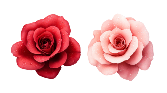 Two delicate roses with water droplets, soft lighting, cut out transparent