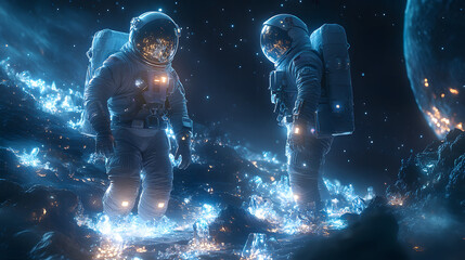 Two astronauts exploring a shimmering alien landscape under a starry sky, with glowing crystals and distant planets