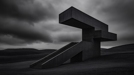 Monochromatic Architectural Sculpture in Landscape with Stairs