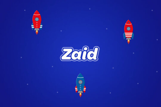 Zaid male boy name illustration in blue with rockets.