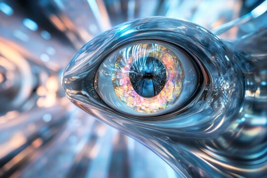 Glassy alien eye, adorned with colorful opal details, intensely observing a vibrant, futuristic background filled with surreal elements