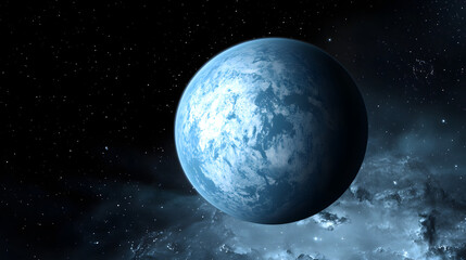 Obraz premium Blue planet in dark cosmic space, glowing atmosphere and swirling clouds, perfect for science fiction themes or celestial art.