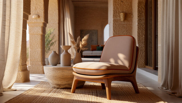 Elegant Modern Armchair in Warm Sunlit Interior with Natural Materials and Earthy Tones