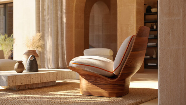 Elegant Modern Armchair in Warm Sunlit Interior with Natural Materials and Earthy Tones