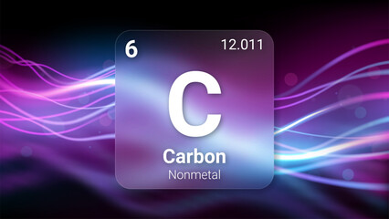 Carbon (C) (006) Nonmetal, Glass Morphism Element Futuristic Neon Light Glow Background Periodic Table, Chemical Symbol, Name, Atomic Mass, Atomic Number, Vector Illustration