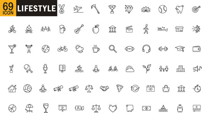 Lifestyle editable outline icon set. Hobbies, wellness, travel, fitness, daily activities and more.
