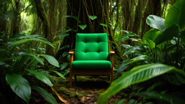 Green Armchair in the Heart of a Lush Jungle &ndash; Conceptual Nature and Design Fusion