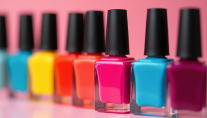Collection of vibrant nail lacquer bottles in various shades ready for a stylish manicure. Cosmetics and beauty care concept with colorful choices