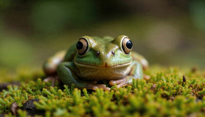Fototapeta premium Vibrant green tree frog poses on mossy surface in its natural habitat. Macro photography capturing amphibian details and alert gaze towards camera