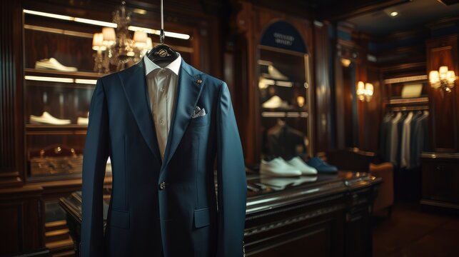 Elegant tailored suit displayed in a luxurious boutique, surrounded by upscale fashion items