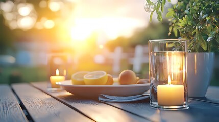 Peaceful and Cozy Backyard Family Dinner Gathering at Sunset with a Warm, Inviting Atmosphere. Time Spent Together Outdoors, Enjoying a Home-Cooked Meal in a Tranquil, Scenic Setting.