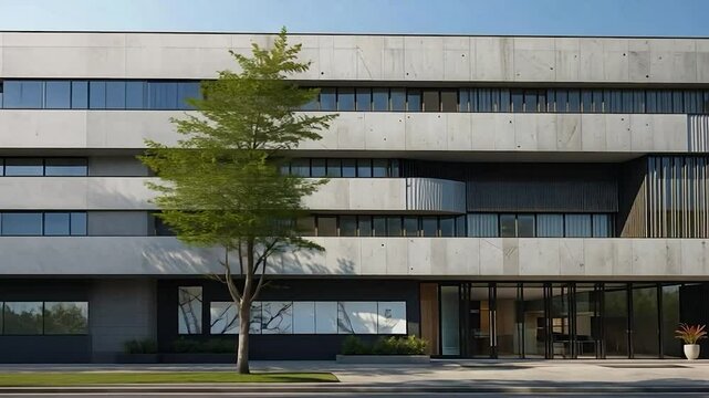 Contemporary office building facade with green tree in urban environment