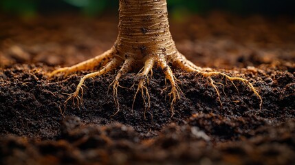Fototapeta premium Close-up of a tree's roots emerging from rich soil