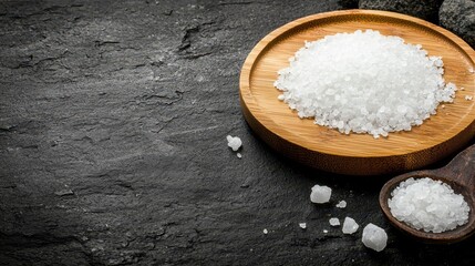 Sea salt crystals on a bamboo plate with a wooden spoon, on a black stone background