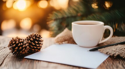 A cozy scene featuring a white coffee cup beside pinecones and a blank sheet, ideal for warm moments of reflection or writing surrounded by nature during the golden hour.