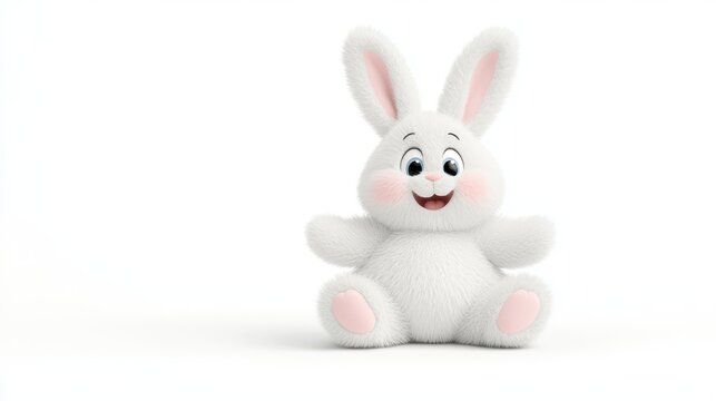 Cheerful Fluffy Bunny Sitting on White Background, Perfect for Easter or Children's Designs, Cute and Cuddly