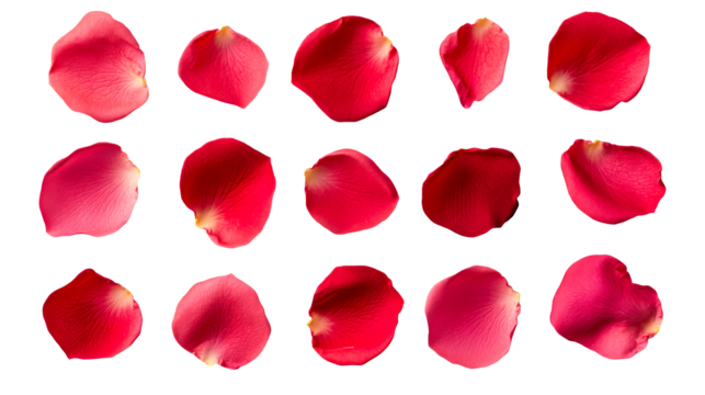 Rose petals isolated on black, beautiful floral pattern, red, cut out transparent