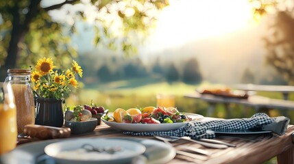 Warm and rustic outdoor countryside family dinner gathering at scenic sunset. A cozy, idyllic scene of a table set for a meal in a serene, natural landscape.
