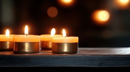 Softly glowing candles illuminate a wooden surface, creating a warm and inviting atmosphere that evokes feelings of comfort and relaxation in any setting.