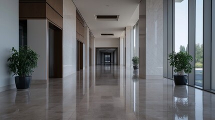 Hallway perspective with shiny floor, plants, and natural light.