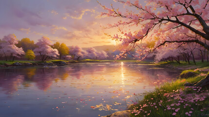 Sunset over the calm river with reflections and autumn trees in a peaceful landscape