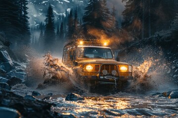 Off-road vehicle splashing through a river in a misty forested mountain landscape at dusk