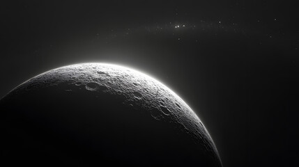 Distant celestial body against a dark backdrop, showcasing a curved horizon and faint star field, ideal for cosmic themes.