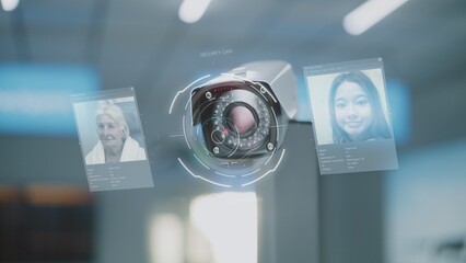 Modern Airport Security System: Close Up of Surveillance Camera with Biometric Facial Recognition...