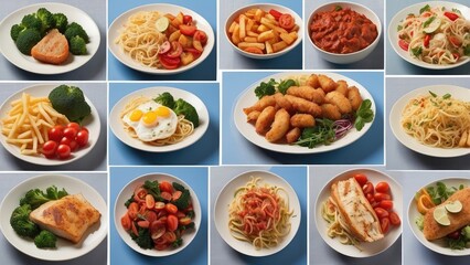A collage of twelve plates of various foods.