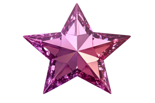 Pink crystal star with reflective facets, transparent background, cut out transparent