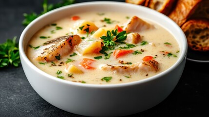This image presents a delicious bowl of fresh and hearty soup, featuring tender vegetables topped with herbs, capturing the essence of home-cooked, nourishing meals.