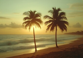 Two palm trees frame a beautiful sunset over ocean waves